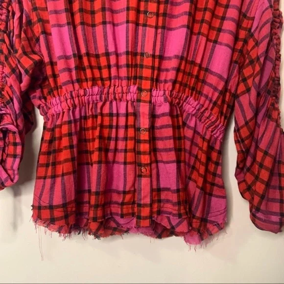 New We The Free People Red Plaid Combo Boho Gathered Peplum Top NWT - Picture 8 of 16
